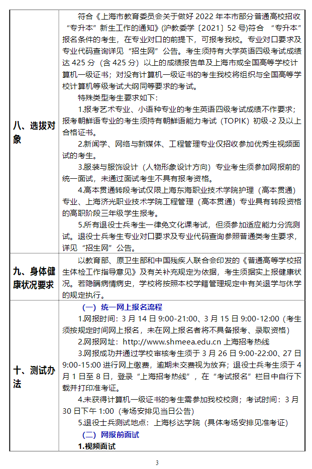 2022年上海杉达学院专升本招生章程